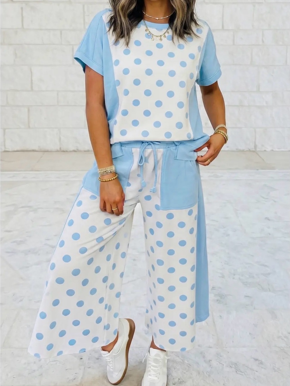 Light Blue Polka Dot Wide-Leg Jumpsuit Set